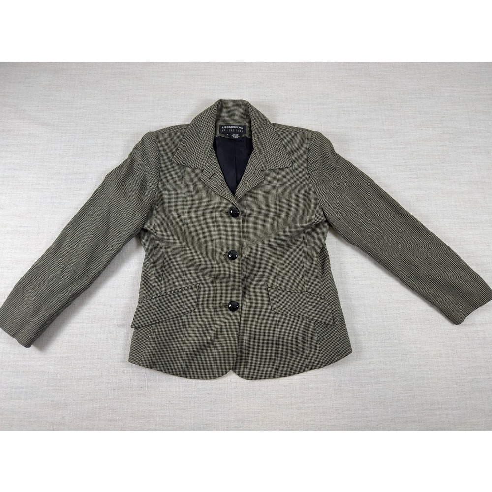 Liz Claiborne Collection Blazer Womens 4 Olive Green Micro Check 3 Button Jacket